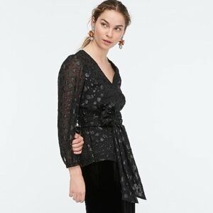 NEW J. Crew Tie-Waist V-neck Top in Metallic Dot Jacquard Holiday In Black Sz 2X